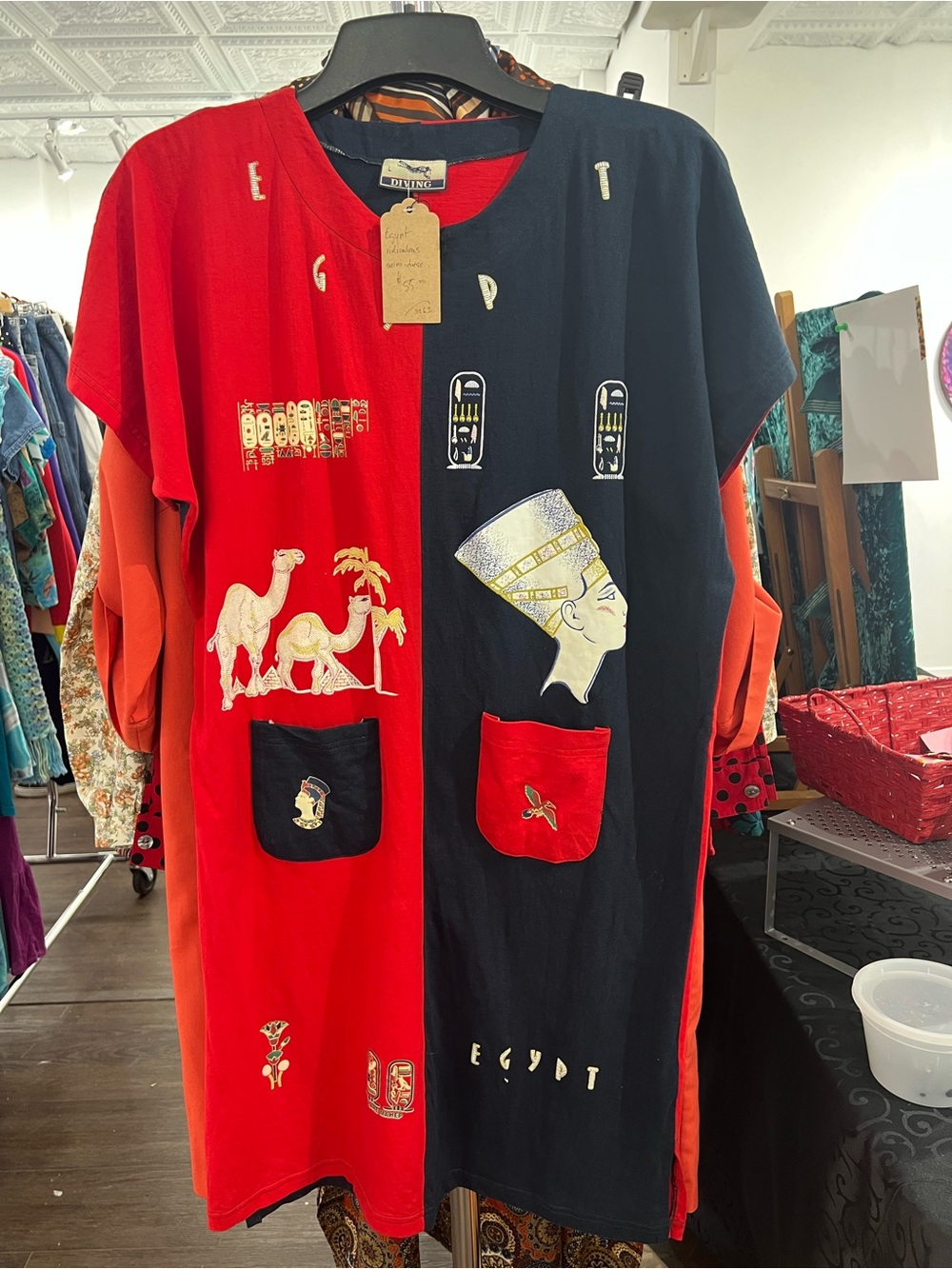 Amazing Vintage Egyptian Motif Women’s Tunic Shirt - Red & Navy